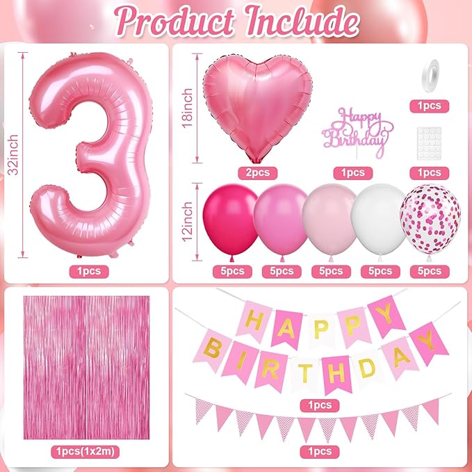 3rd Birthday Decorations for Girls Hot Pink Balloons Happy Birthday