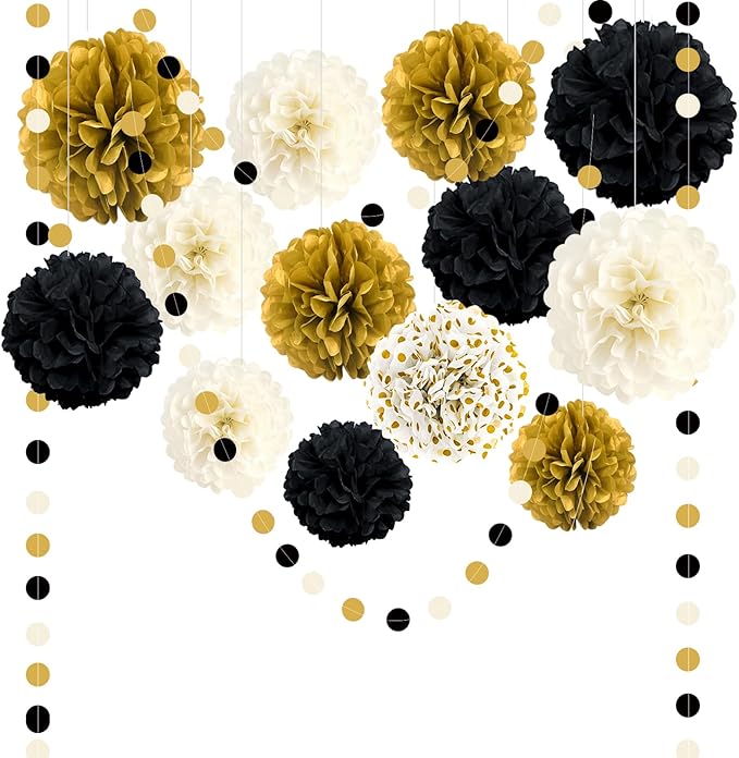 Black and Gold Party Decorations 16 PCS Tissue Paper Pom Poms Dots