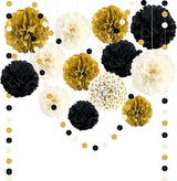 Black and Gold Party Decorations 16 PCS Tissue Paper Pom Poms Dots