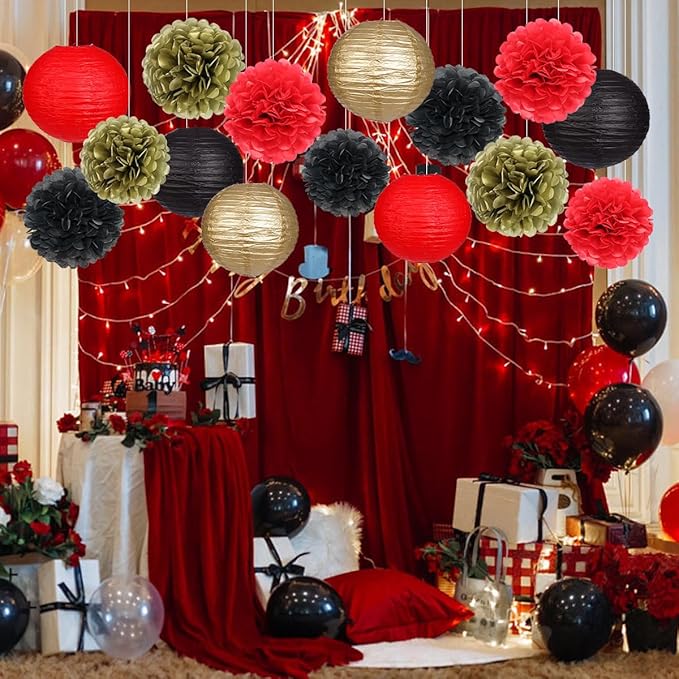 zilue Red and Black Party Decorations, Paper Lanterns and Pom Poms