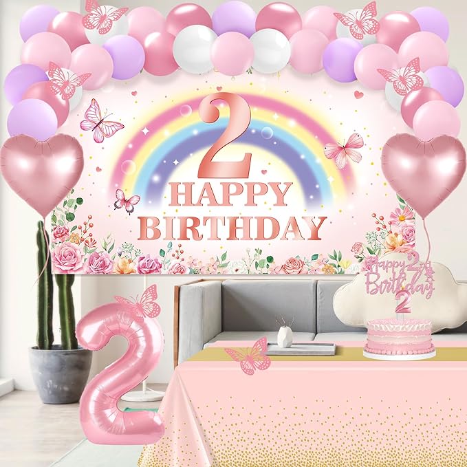 2nd Birthday Decorations for Girl 47pcs Pink Flower Rainbow Banner