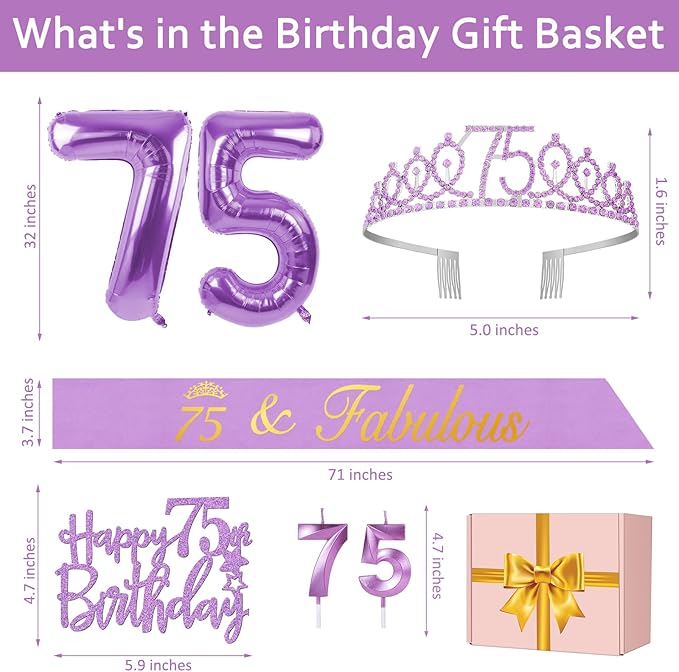 75th Birthday Decorations for Women Purple with 75th Birthday Sash