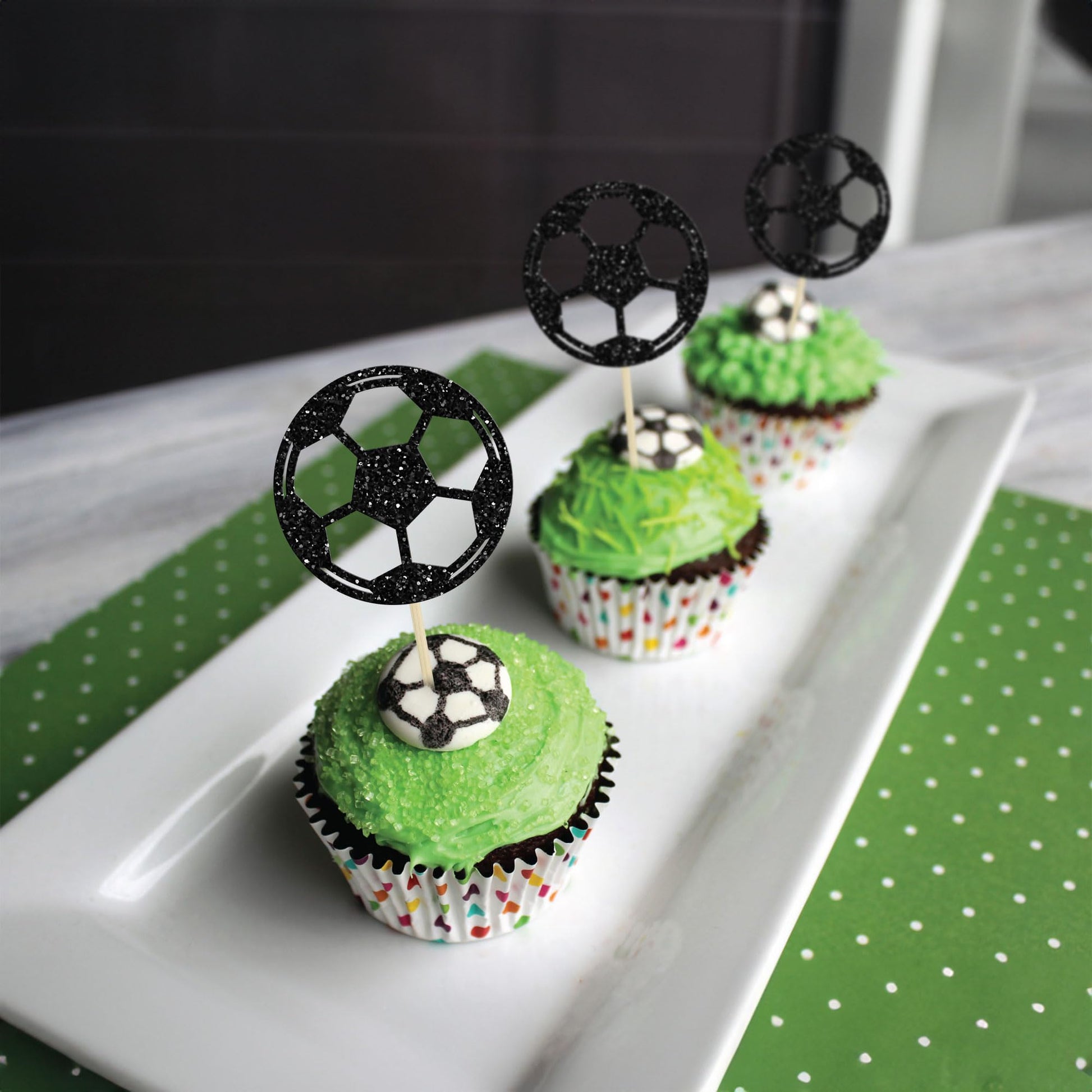 24Pcs Soccer Ball Cupcake Toppers Black Glitter Sports Theme Football