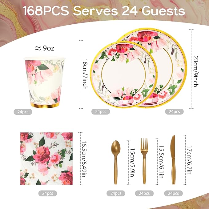 168Pcs Paper Plates Floral Rose Gold Party Plates and Napkins