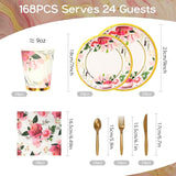 168Pcs Paper Plates Floral Rose Gold Party Plates and Napkins