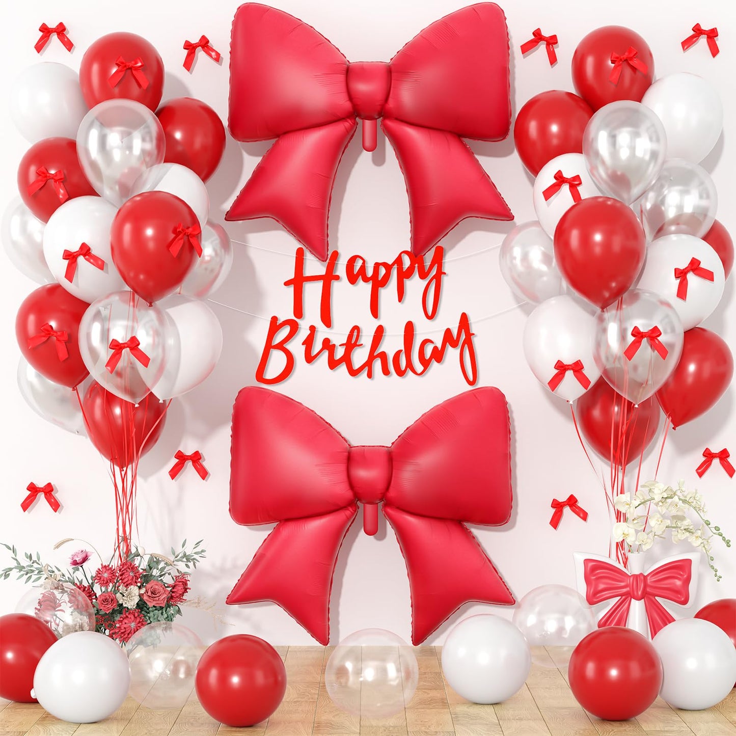 Red Bow Birthday Decorations, Red Happy Birthday Banner with Satin