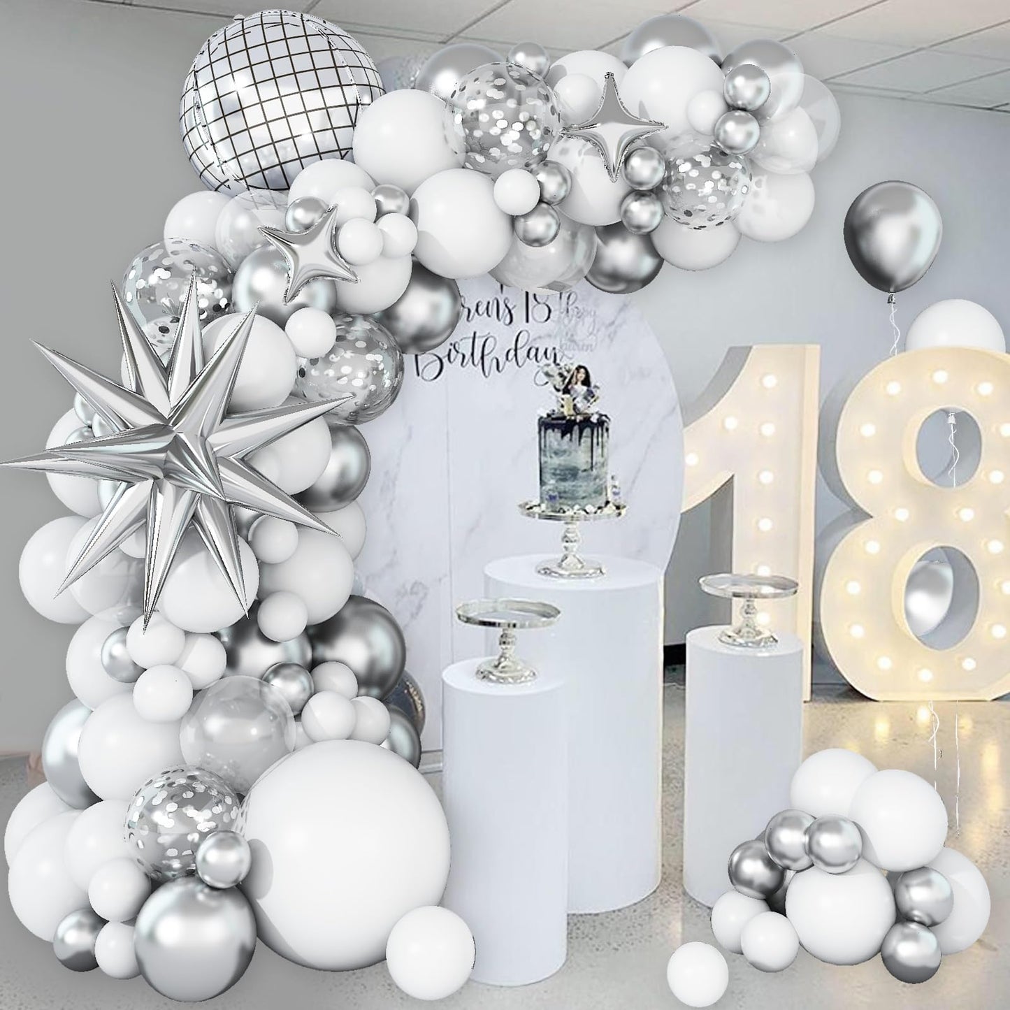 White and Silver Balloon Arch Garland Kit,White Silver Star Confetti