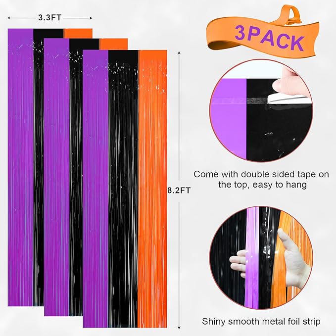 Voircoloria 3 Pack 3.3 x 8.2 ft Halloween Foil Fringe Backdrop