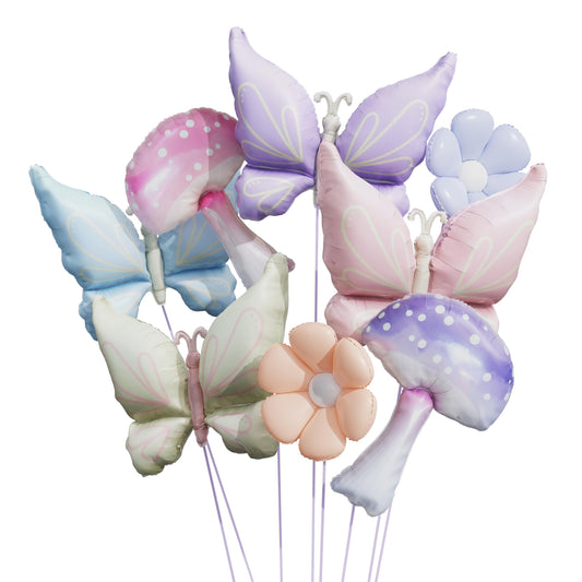 Enanal 8pcs Pastel Mushroom Butterfly Foil Balloons for Enchanted