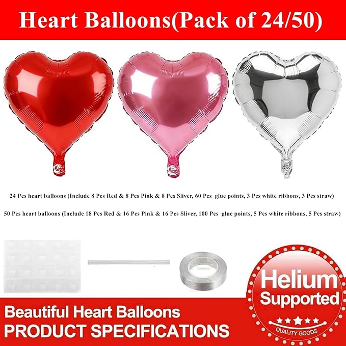 18 Inch Pink & Sliver & Red Heart Balloons 24 Pcs Valentine's Day