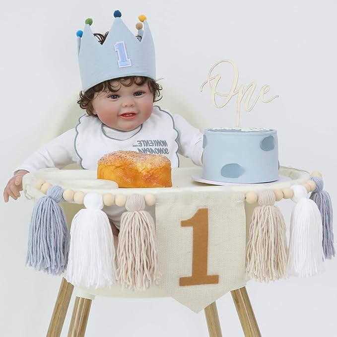 Baby First Birthday Party Decorations Blue High Chair Banner Crown