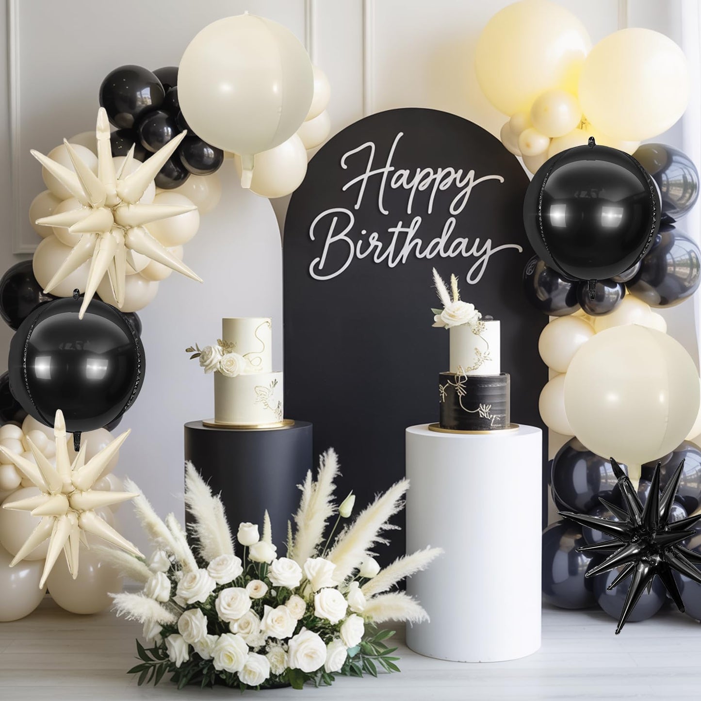 6Pcs Black White Foil Balloons,22Inch Sand White Black 4D Round Ball