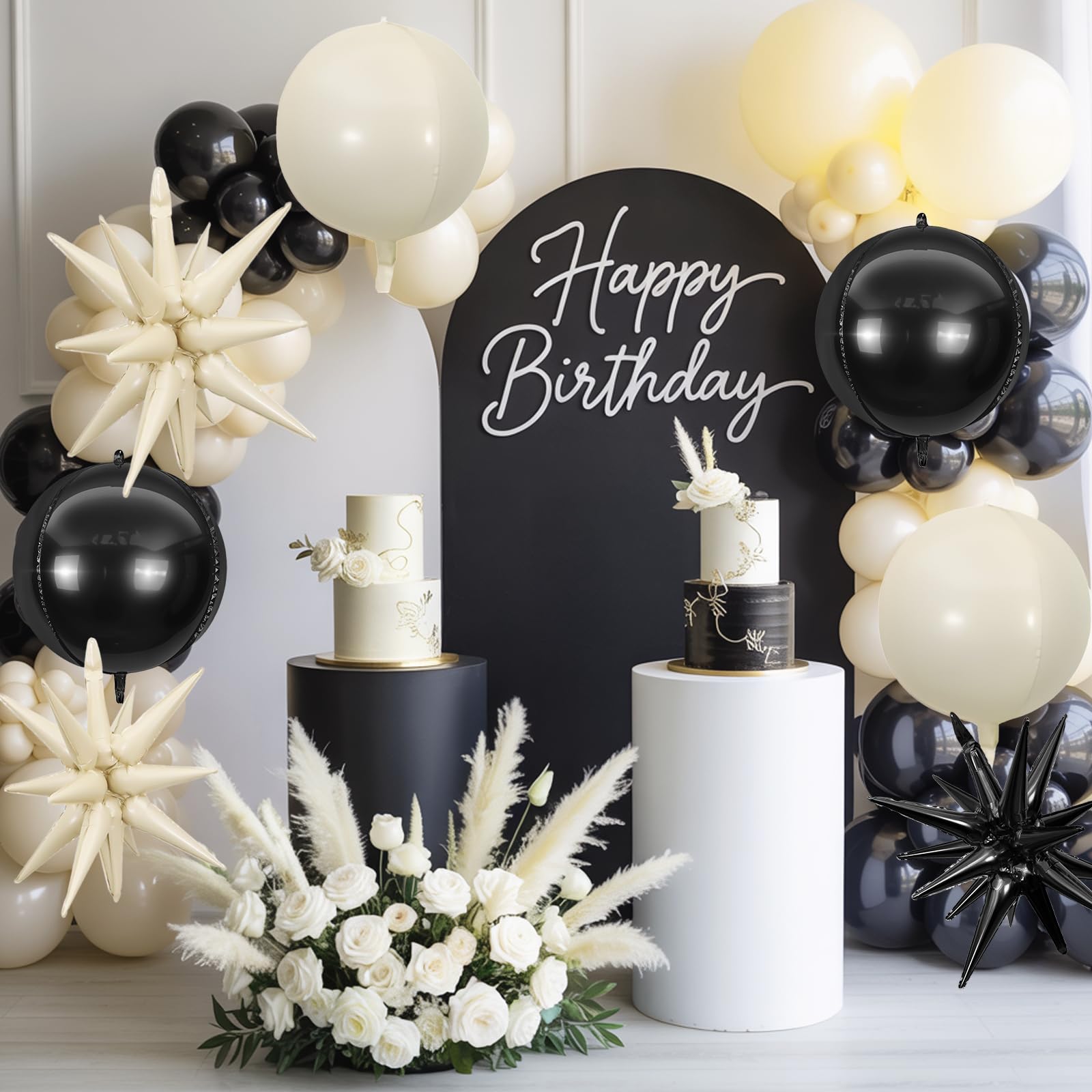 6Pcs Black White Foil Balloons,22Inch Sand White Black 4D Round Ball