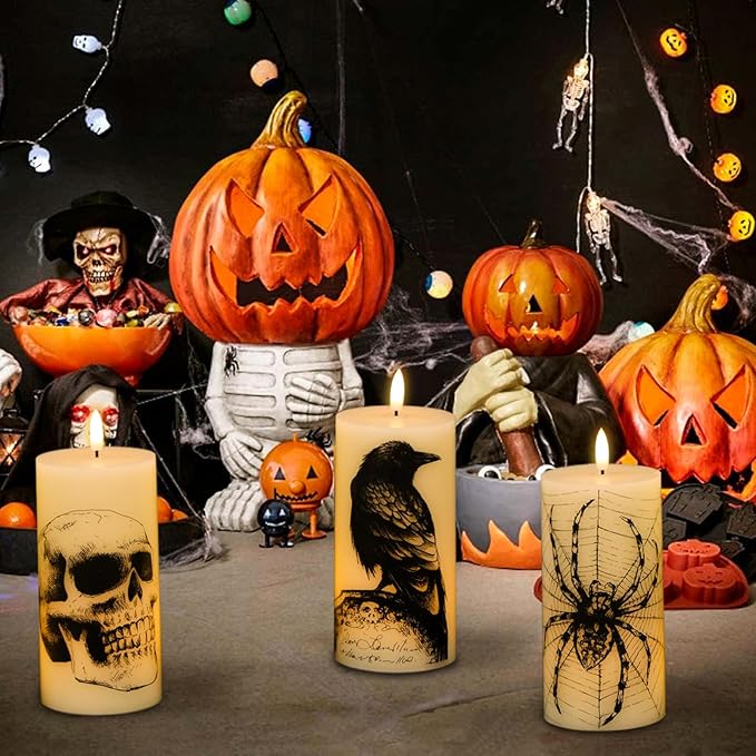 Halloween Flickering Candles Remote with Skull Spider Web Crow Raven