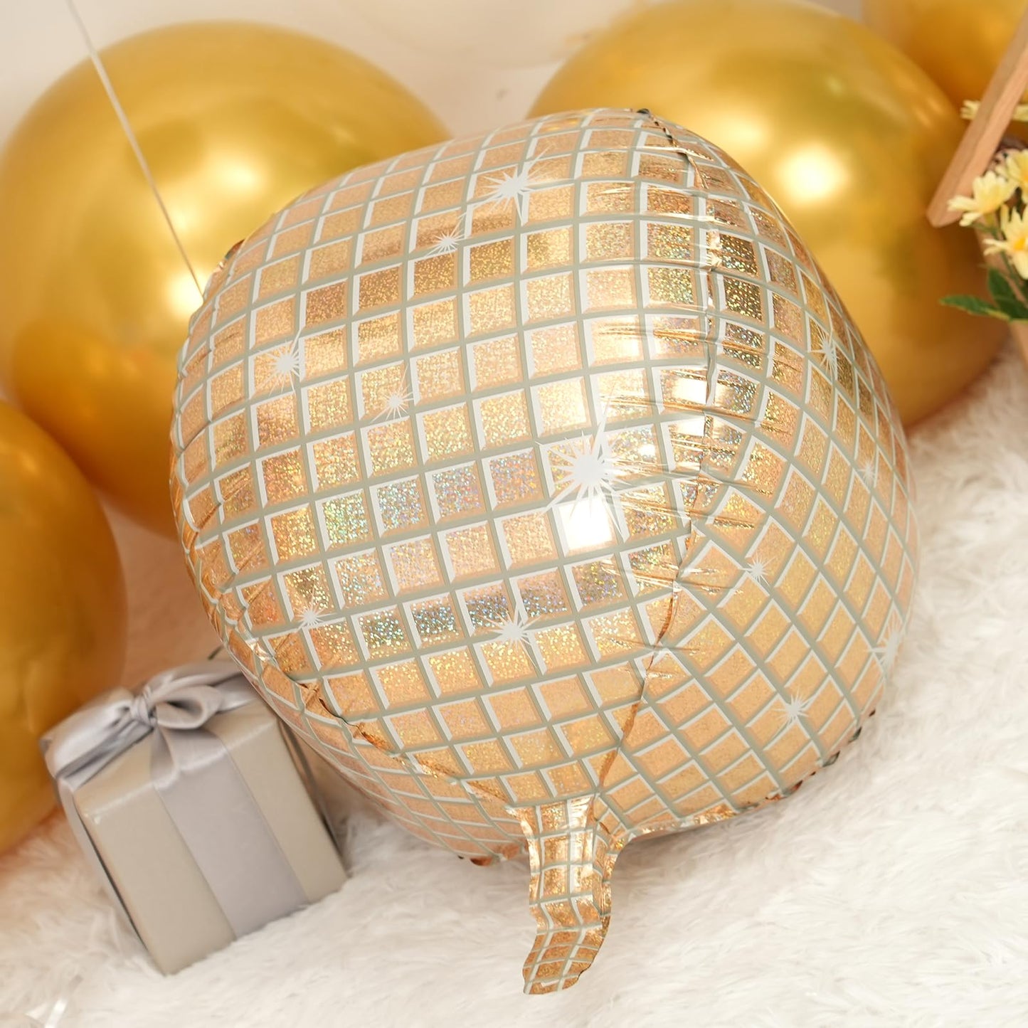Disco Ball Balloons 4PC,Foil Disco Balloons 22 Inch 4D Round White