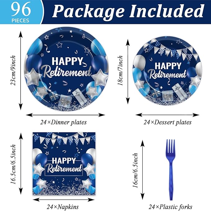 96 Pcs Retirement Plates and Napkins Party Supplies Paper Happy