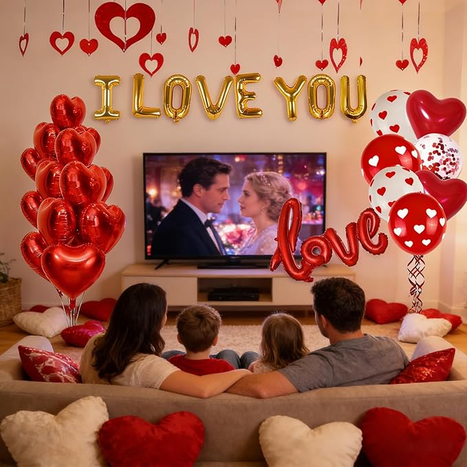 Valentines Day Decorations with Red Heart Balloons and Love Balloon
