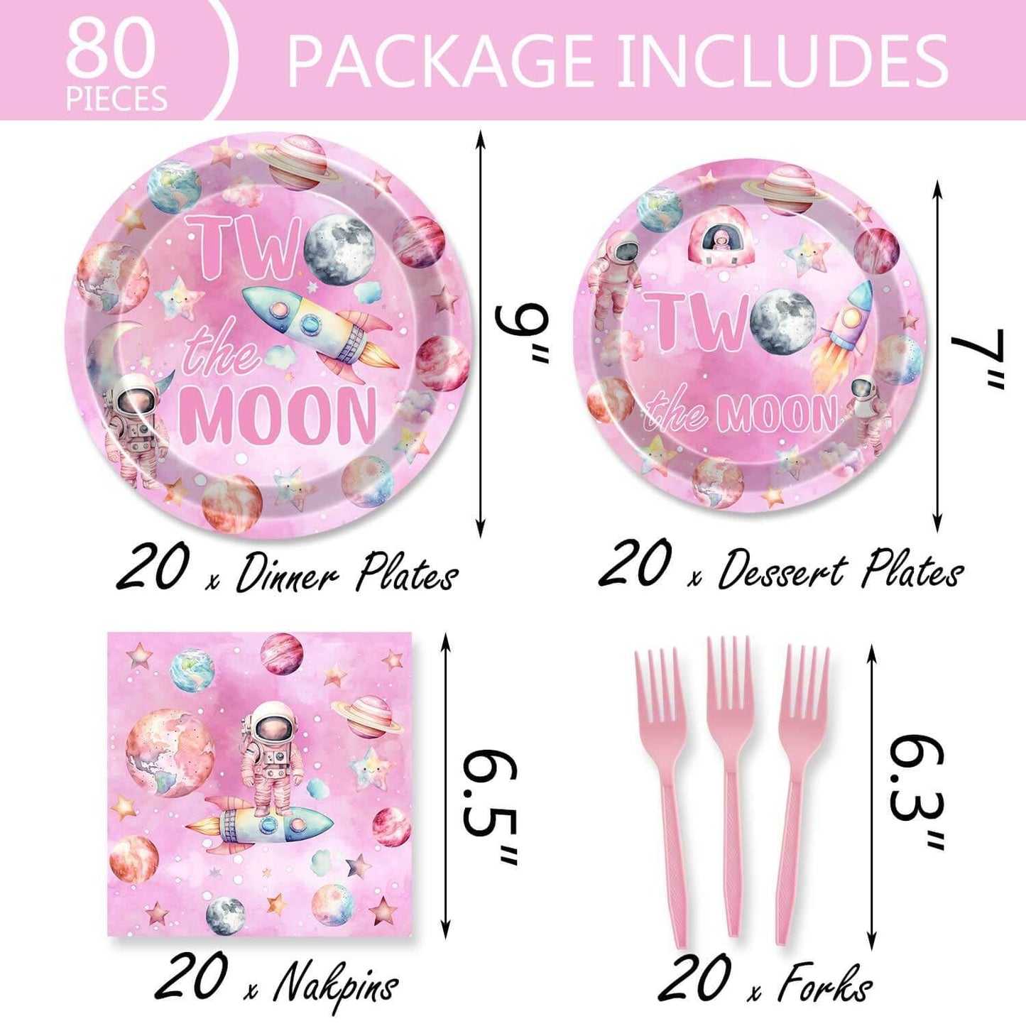 80 Pcs Outer Space Girls 2nd Birthday Party Supplies Two the Moon