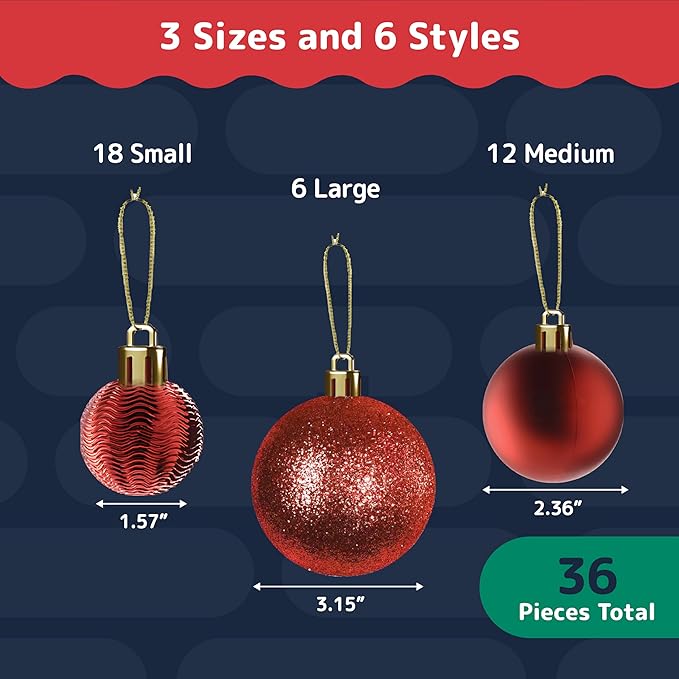 Prextex 36-Pieces Red Christmas Ornaments Set - Shatterproof, Festive