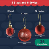Prextex 36-Pieces Red Christmas Ornaments Set - Shatterproof, Festive
