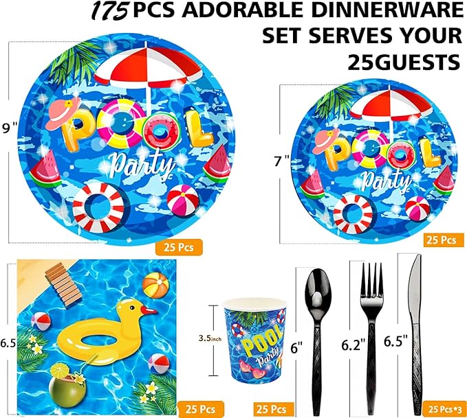 175Pcs Pool Party Supplies Beach Ball Party Set 9 Pool Party Plates