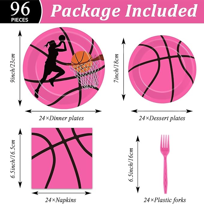 96 Pcs Pink Basketball Party Supplies Paper Plates Napkins