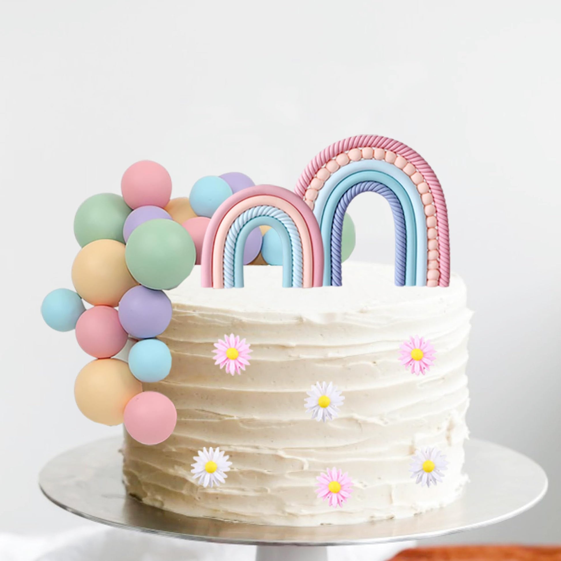 64 PCS Rainbow Cake Toppers with Balls Flowers Boho Cake Topper for