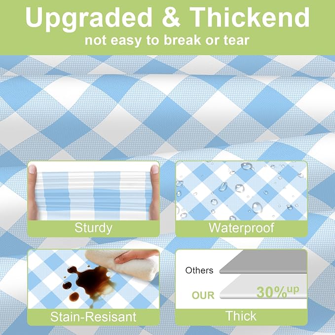 QIKSION Light Blue Gingham Tablecloth Disposable 2 Pack, 54 x 108