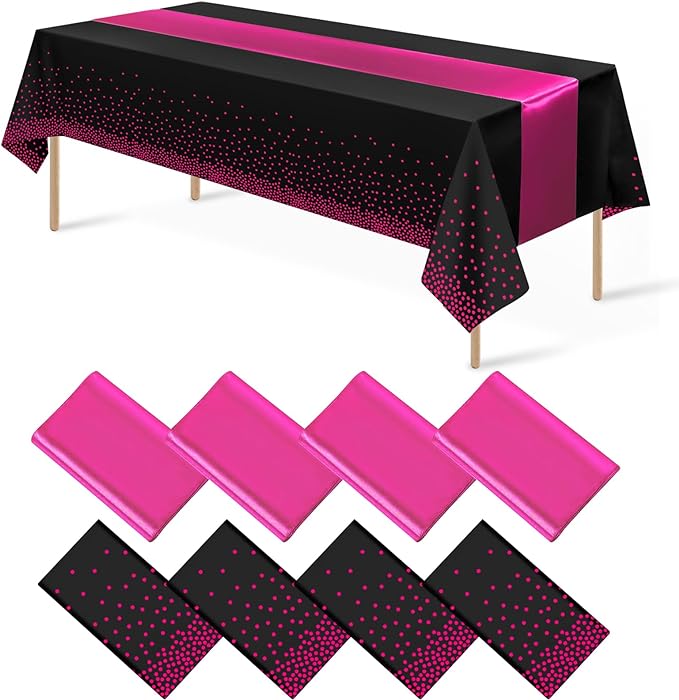8Pack Disposable Plastic Party Tablecloths and Satin Table Runner Set