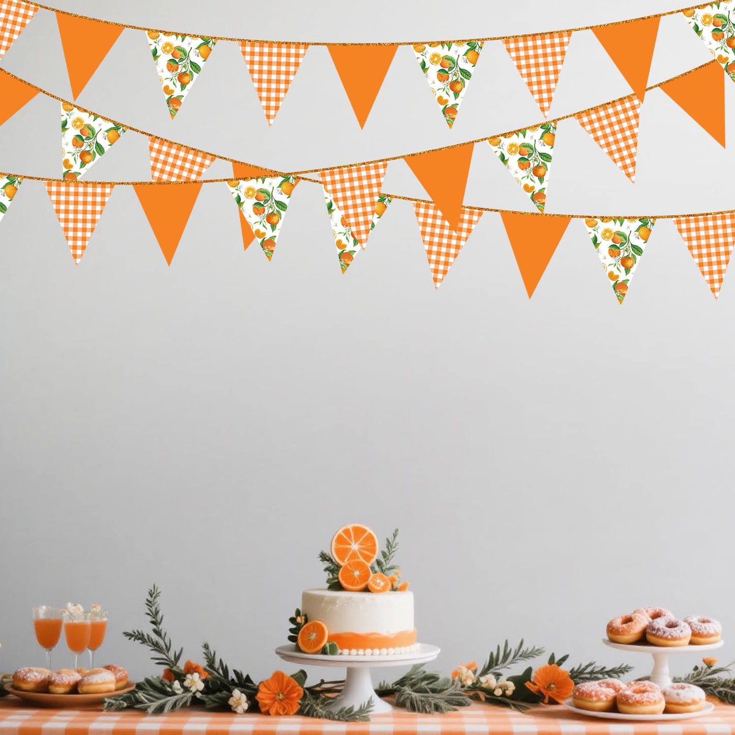 Citrus Orange Party Decorations Orange Plaid Floral Pennant Banner