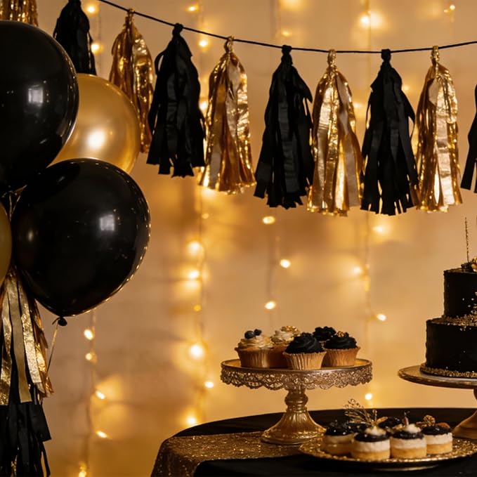 We Moment Black and Gold Tassel Garland，Tissue Tassel Banner for