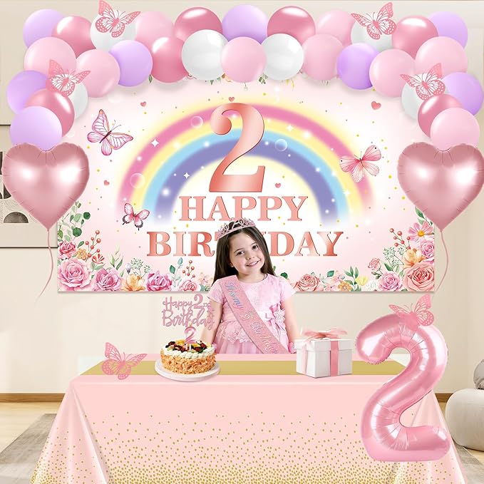 2nd Birthday Decorations for Girl 47pcs Pink Flower Rainbow Banner