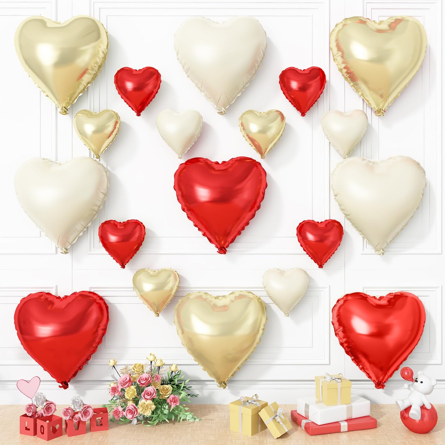 Red Gold Heart Balloons, 19PCS Red White Champagne Gold Heart Shape