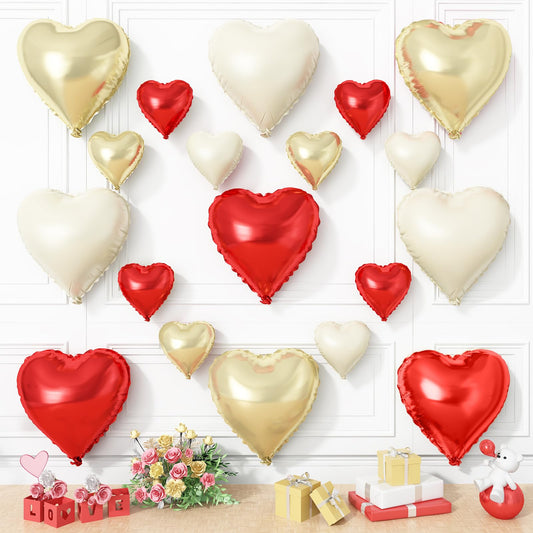 Red Gold Heart Balloons, 19PCS Red White Champagne Gold Heart Shape