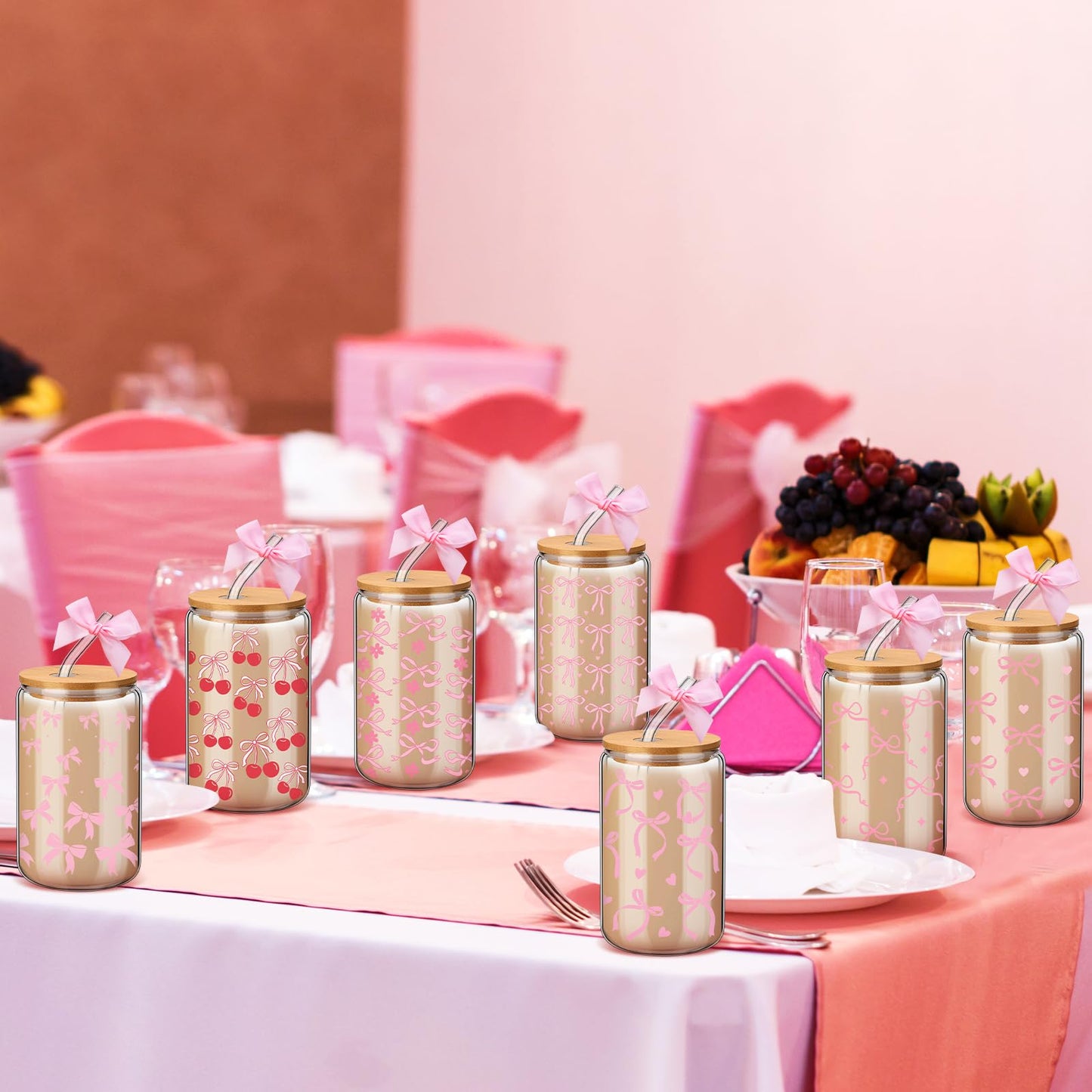 Yetene 12 Sets Mother's Day Pink Bow Glass Cups Gifts 16 oz Cute Bow
