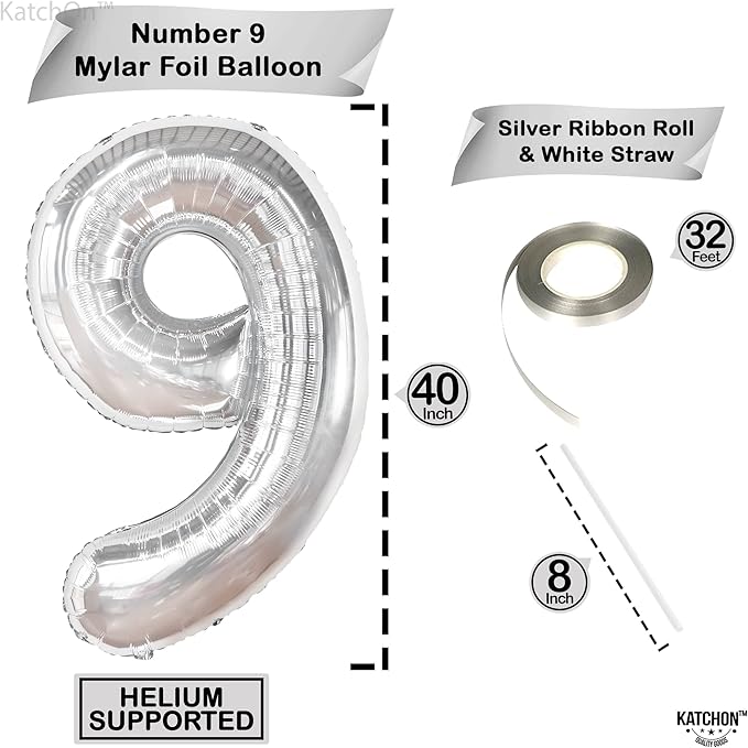 KatchOn, Giant Silver Number 9 Balloon - 40 Inch | Foil 9 Birthday