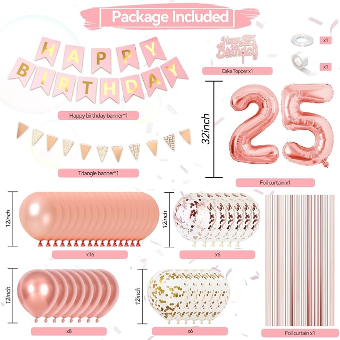 25th Happy Birthday Party Decorations Rose Gold Birthday Decorations