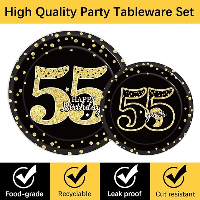 96 Pcs 55th Birthday Party Supplies 55th Birthday Tableware Plates