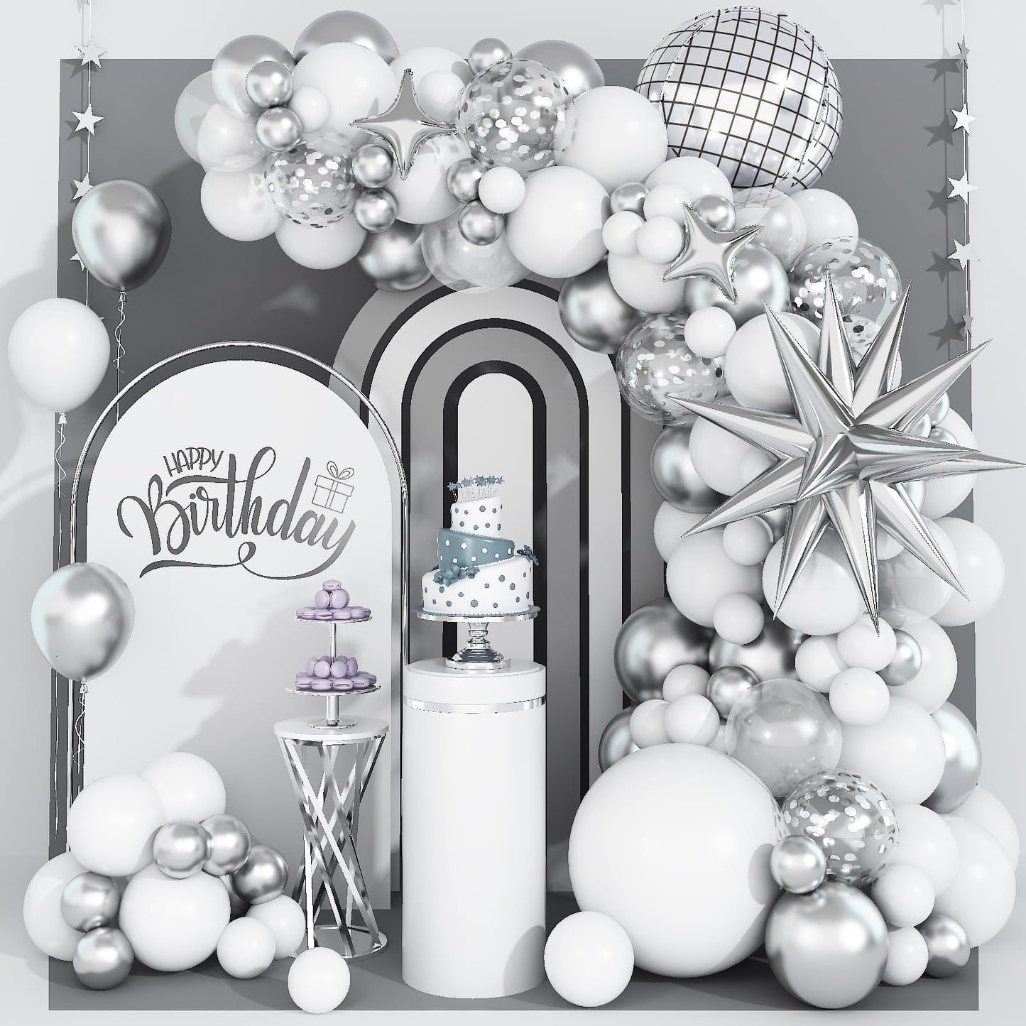 White and Silver Balloon Arch Garland Kit,White Silver Star Confetti