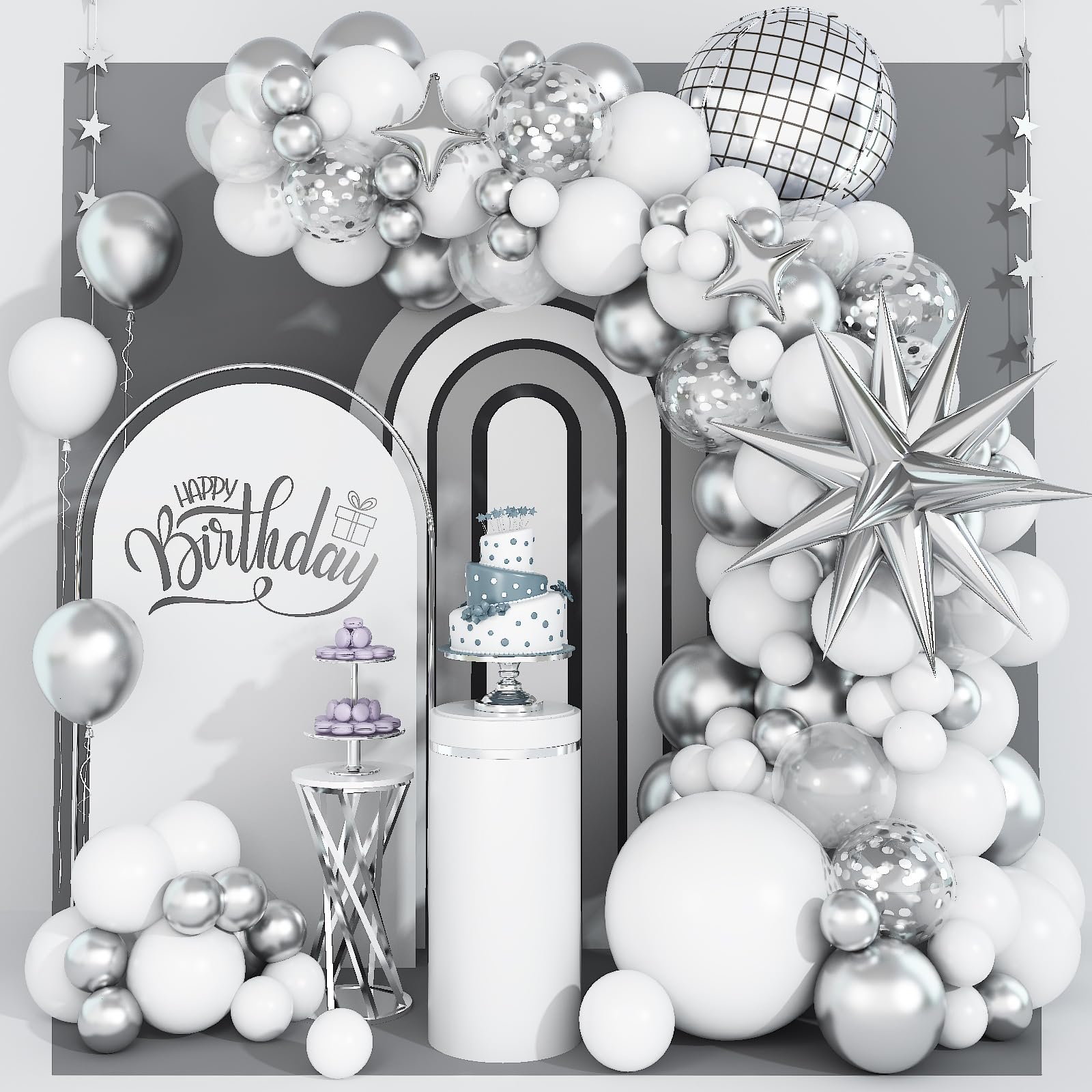 White and Silver Balloon Arch Garland Kit,White Silver Star Confetti