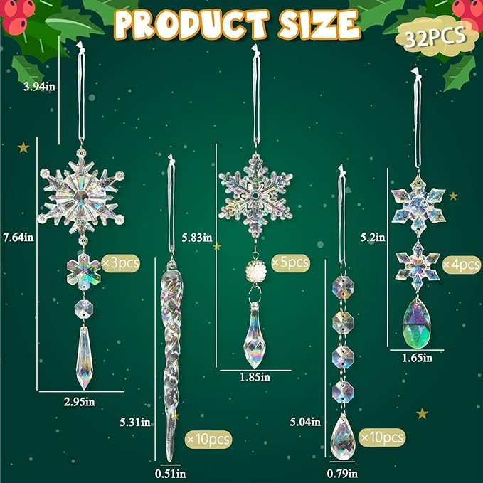 32pcs Christmas Decoration Crystal Ornaments - Iridescent Christmas