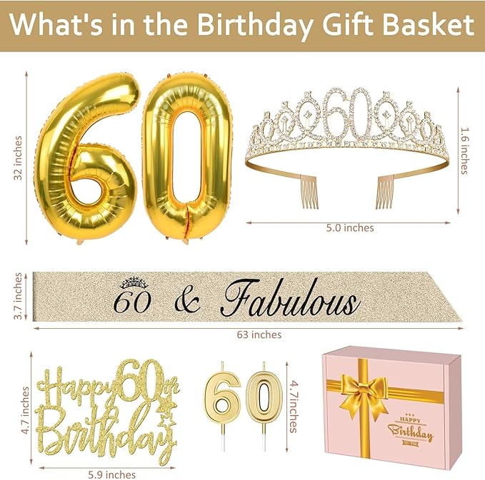 60th Birthday Decorations for Women Gold with 60th Birthday Sash and
