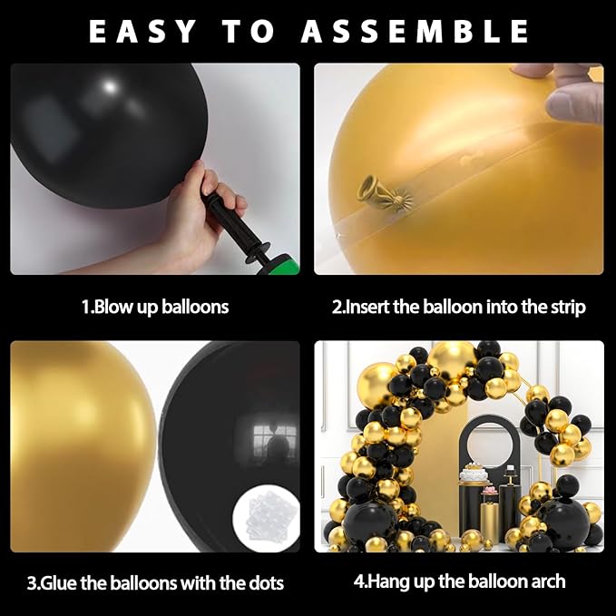 Black and Gold Balloons Garland Arch Kit, 134pcs Black and Metallic