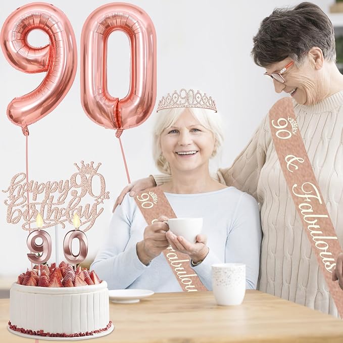 90th Birthday Decorations for Women with Banner Rose Gold Tablecloth