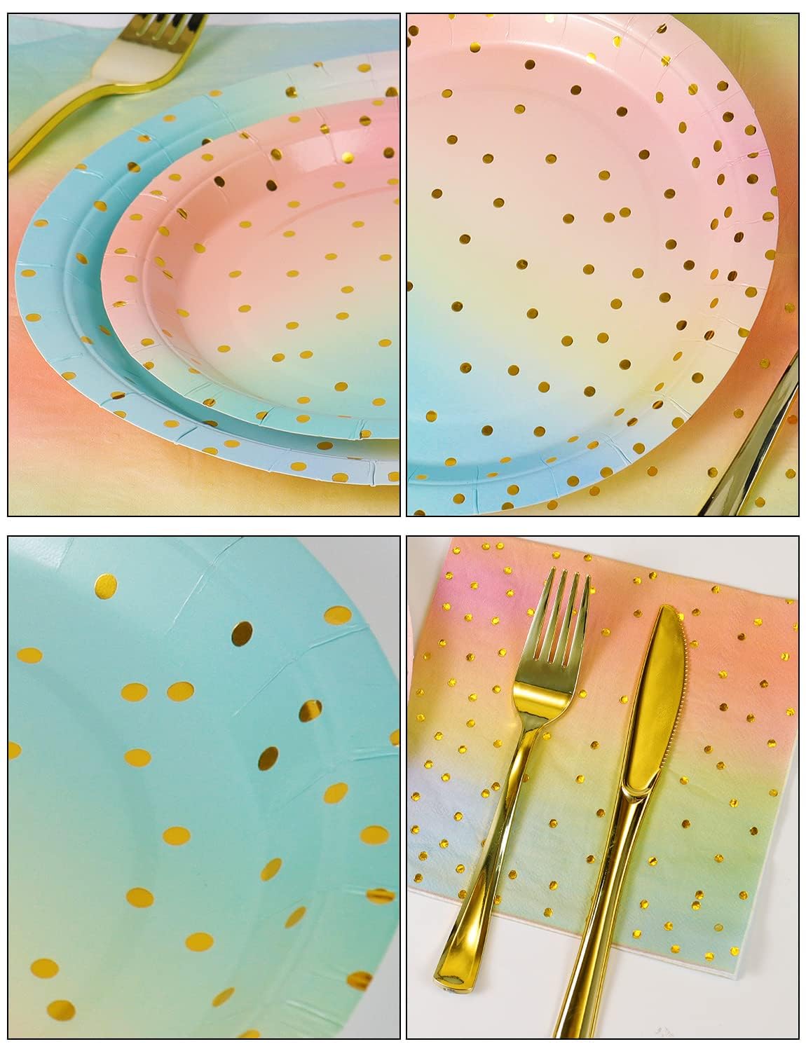 Nkaiso 141 Pieces Rainbow Gold Party Supplies, Party Dinnerware Sets