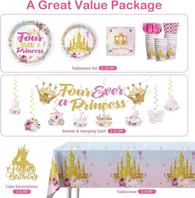 Xynic 201Pcs Four Ever a Princess Birthday Decorations Tableware Set