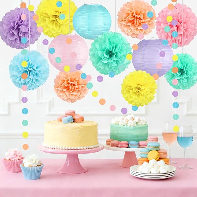 14 Pcs Pastel Party Decorations Kit - Macaron Tissue Paper Pom Poms,