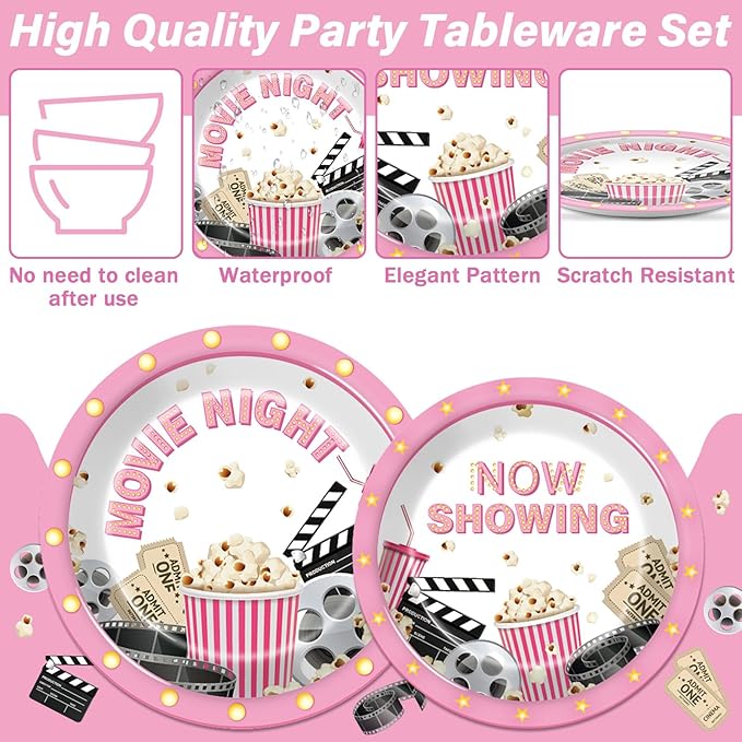 96Pcs Movie Night Party Supplies Pink Movie Birthday Plates and