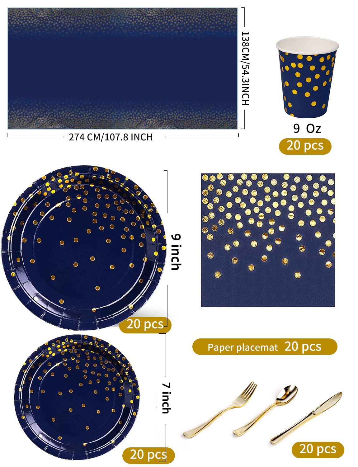Nkaiso 141 Pieces Navy Blue Gold Party Supplies, Disposable Party