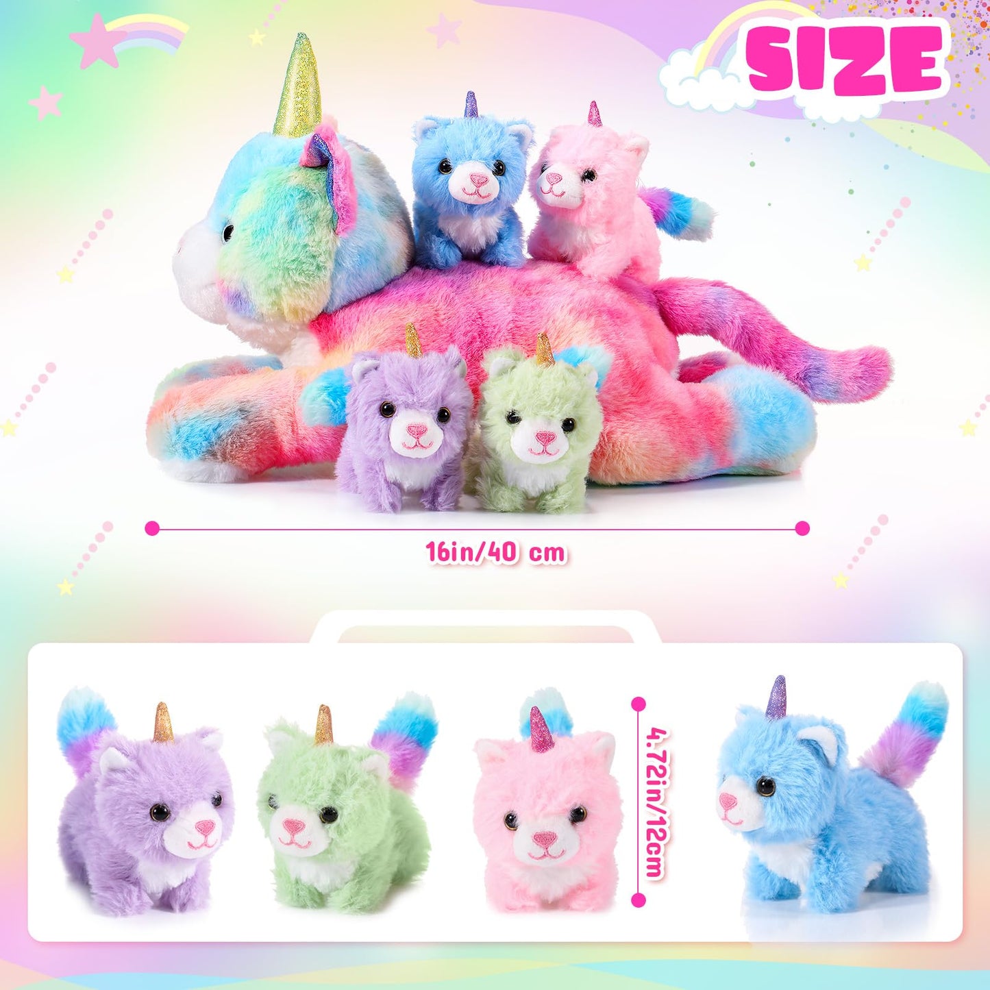 Harrycle 5 Pieces Caticorn Plush Toy Set 16 Inch Mommy Cat Unicorn
